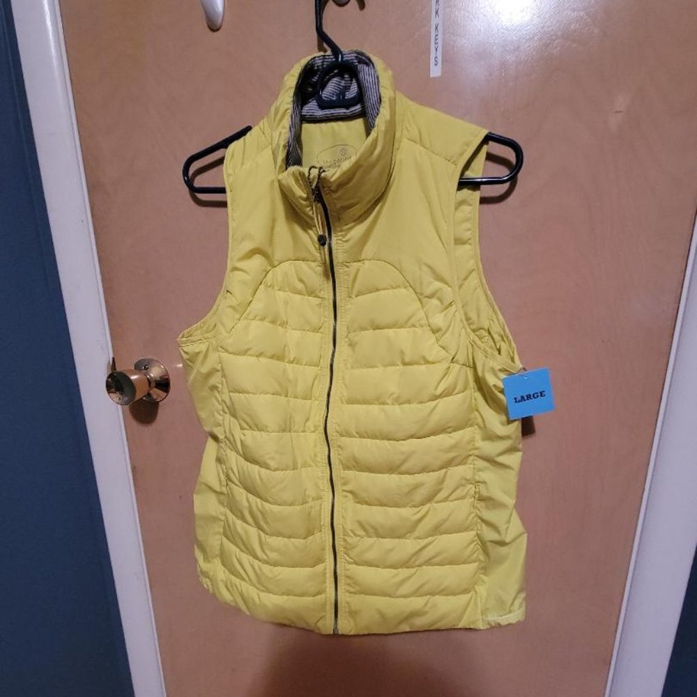 Tangerine Chartreuse Vest- Striped Inside Hood- Size- Large, 100 % Polyester.